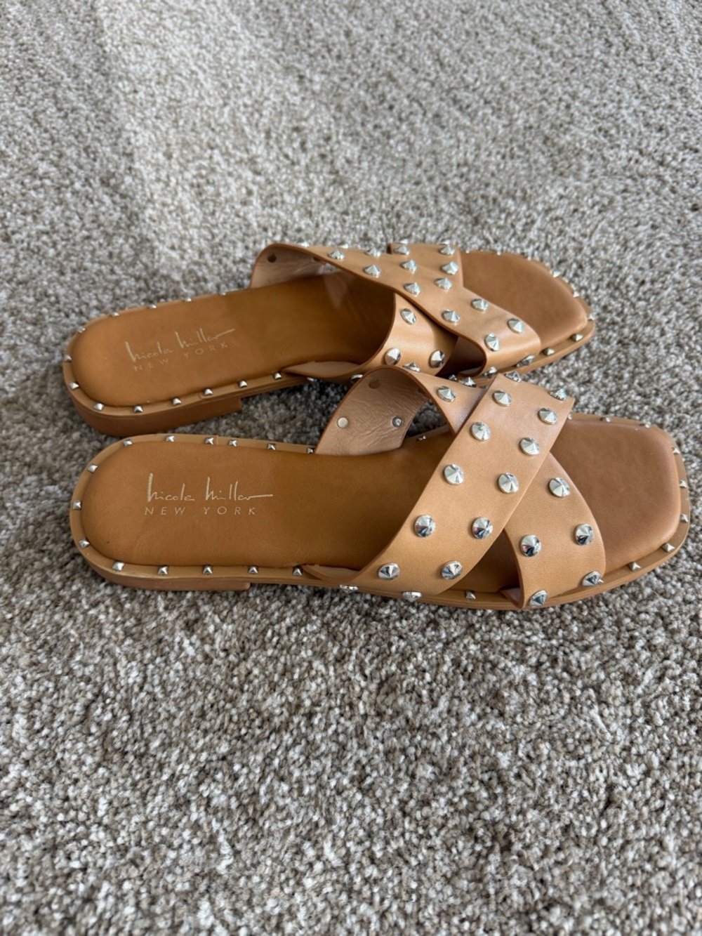 Nicole Miller Tan Cross-Strap Stud Sandals